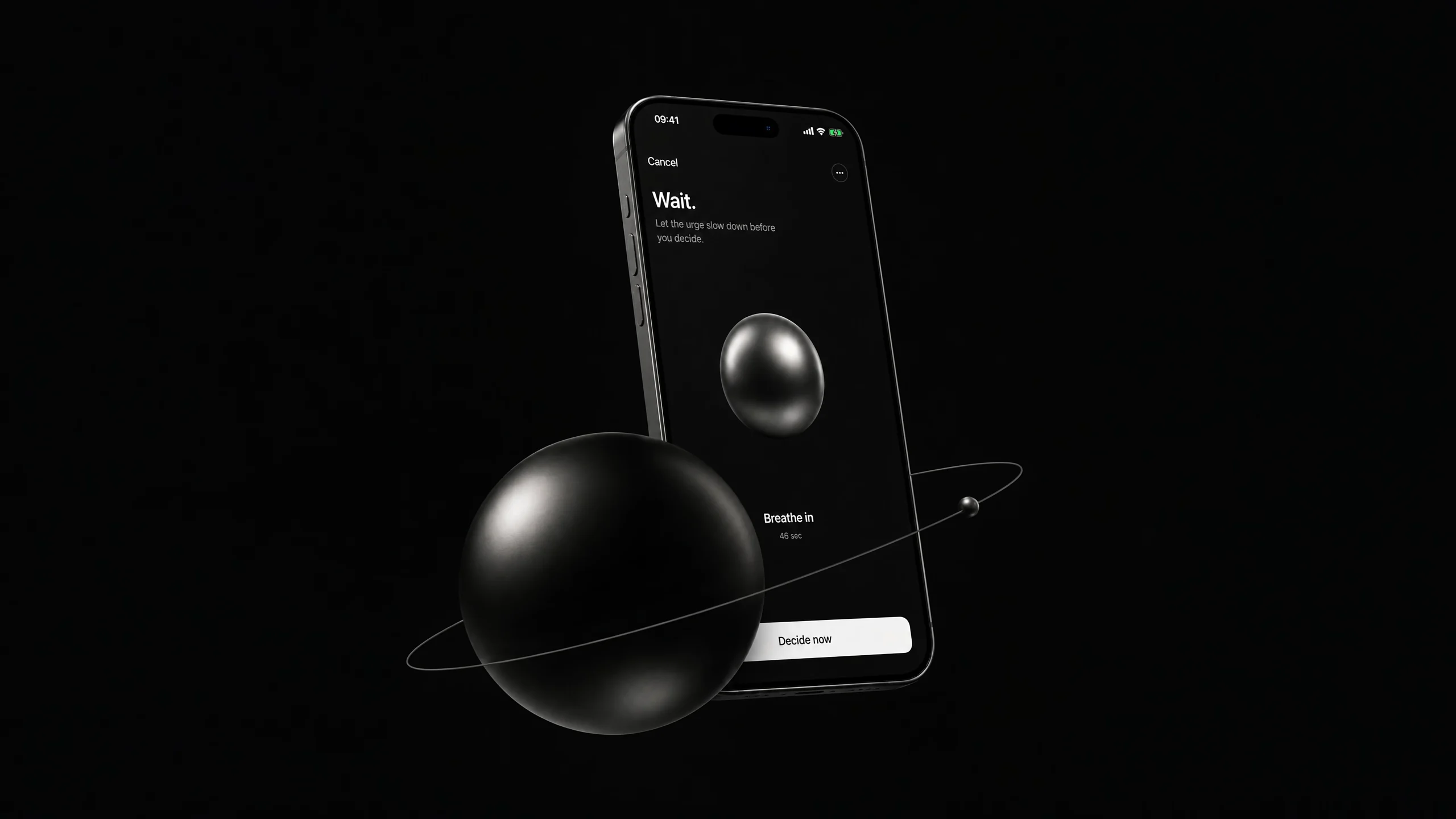 Axyom product film: the metallic sphere in orbit in front of the pause screen, opening a ten-second pass through the pause, the three outcomes and the journal.