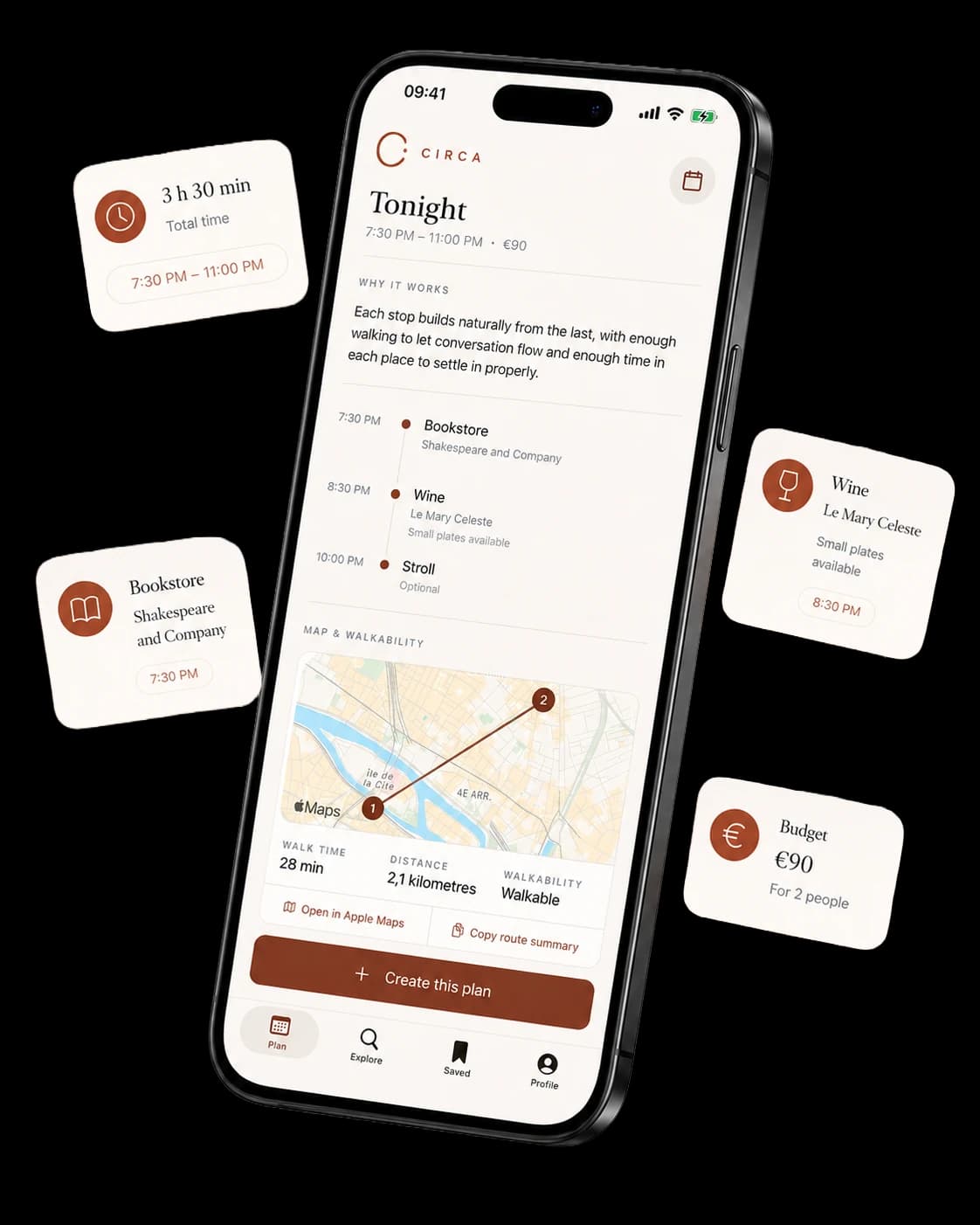 Circa plan view · real stops, real pacing, walkability.
