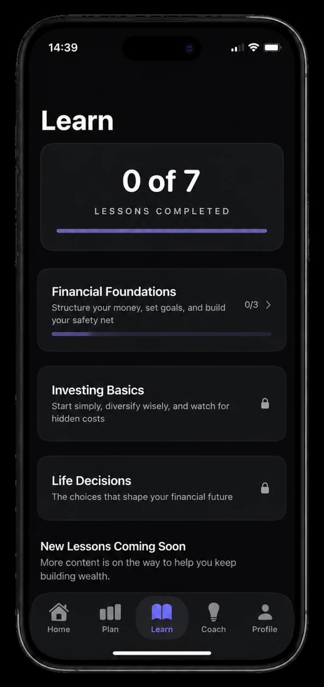 Axyom Learn tab — a seven-lesson curriculum: Financial Foundations, Investing Basics, Life Decisions.
