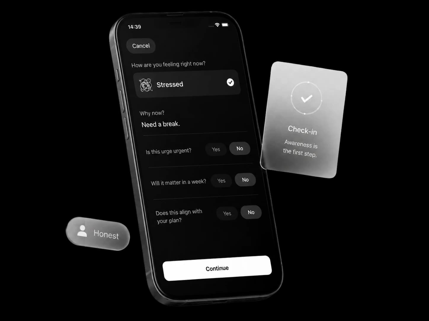 Axyom check-in flow — How are you feeling right now, Stressed, with a floating 'Honest' tag and a Check-in card.