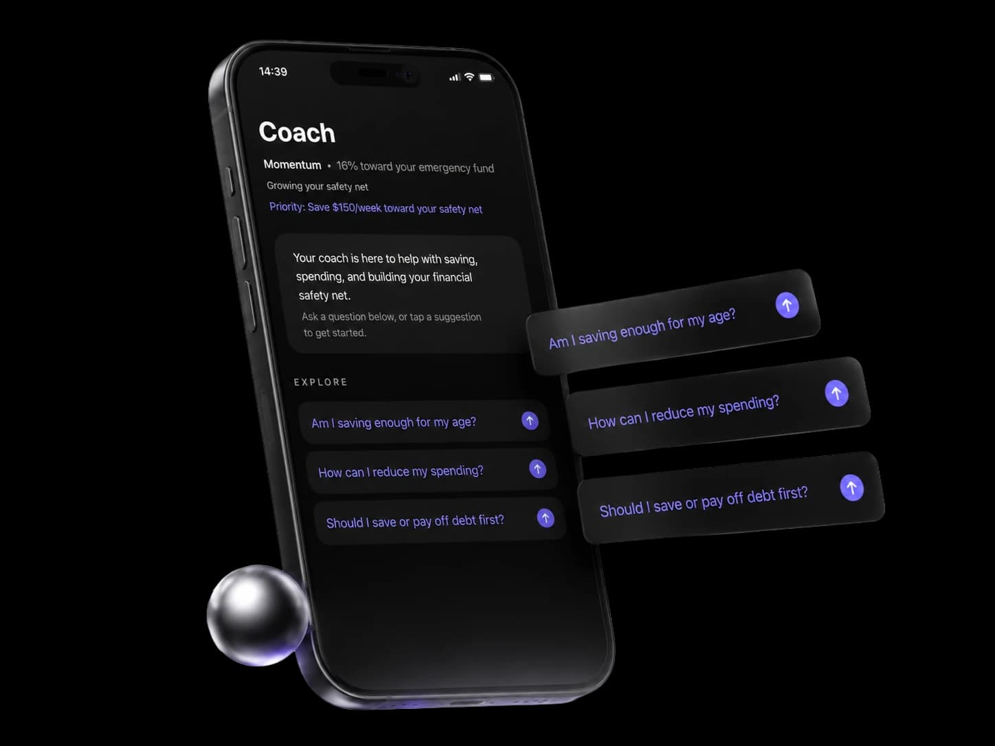 Axyom Coach tab — a single priority and three suggested-question cards floating beside the iPhone.