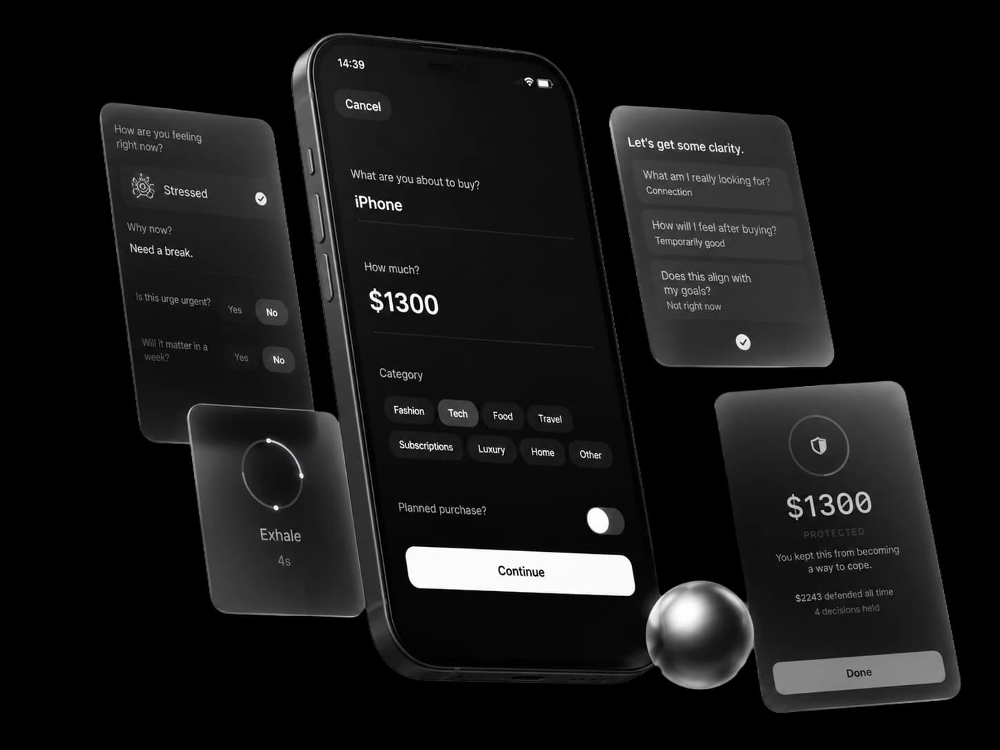 Axyom — the system at a glance: a dark iPhone showing the purchase check-in, surrounded by floating intent, breath, and outcome cards.