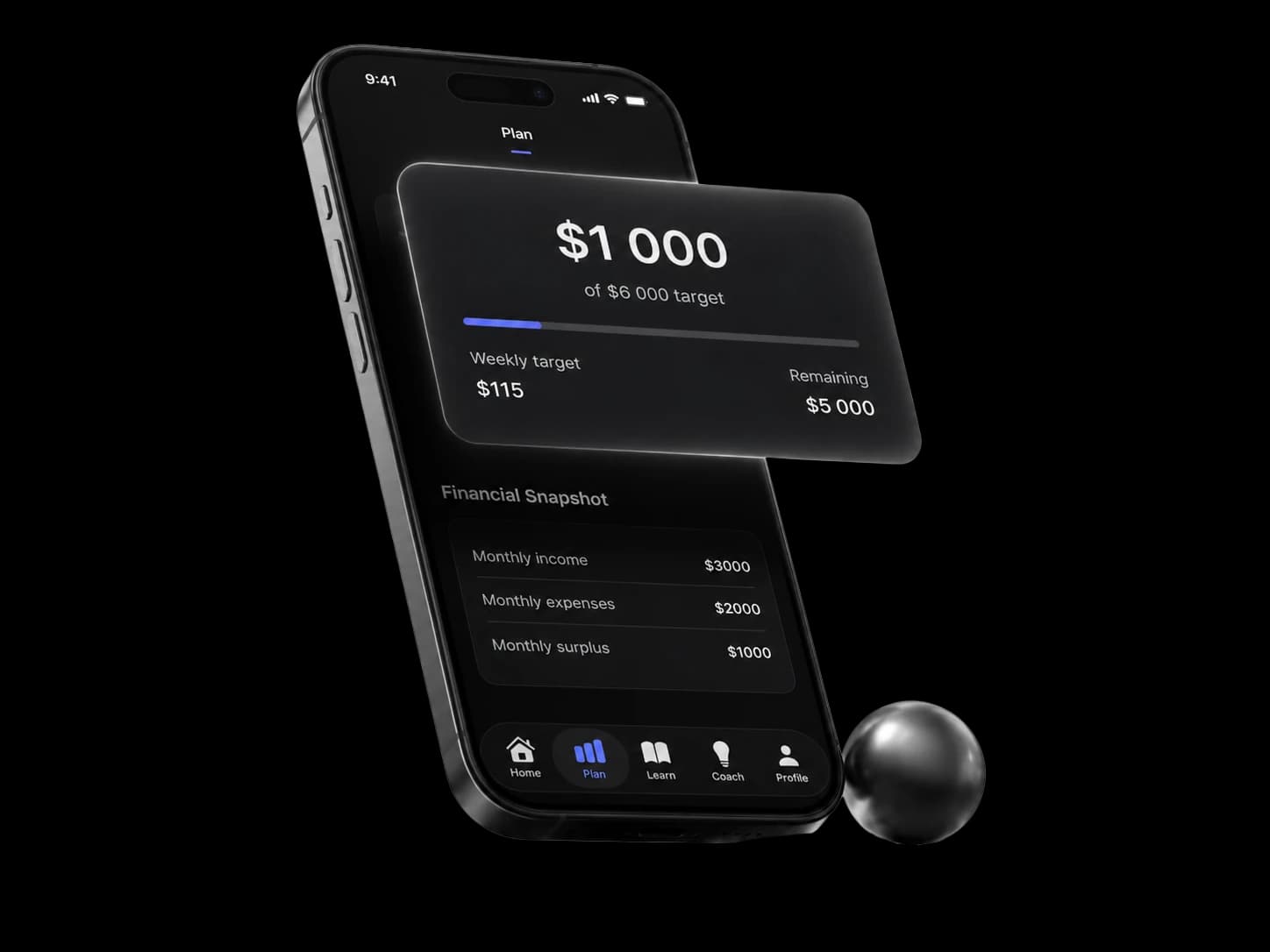 Axyom Plan tab — a $1,000 of $5,000 safety-net target with a monthly financial snapshot beneath.