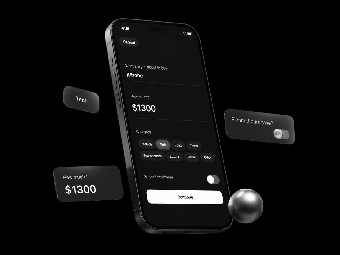 Axyom intent capture — the iPhone purchase check-in at $1,300, surrounded by floating Tech and Planned-purchase cards.