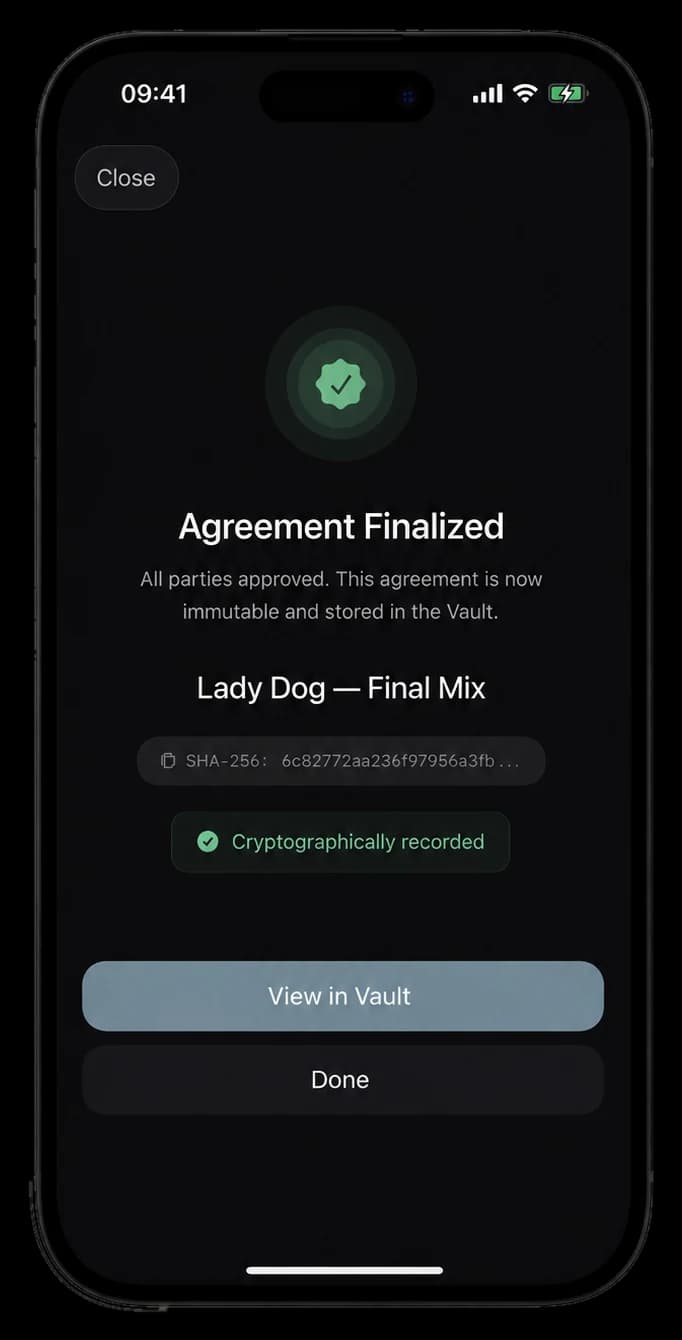 Cazen agreement finalized · all parties approved, cryptographically recorded.