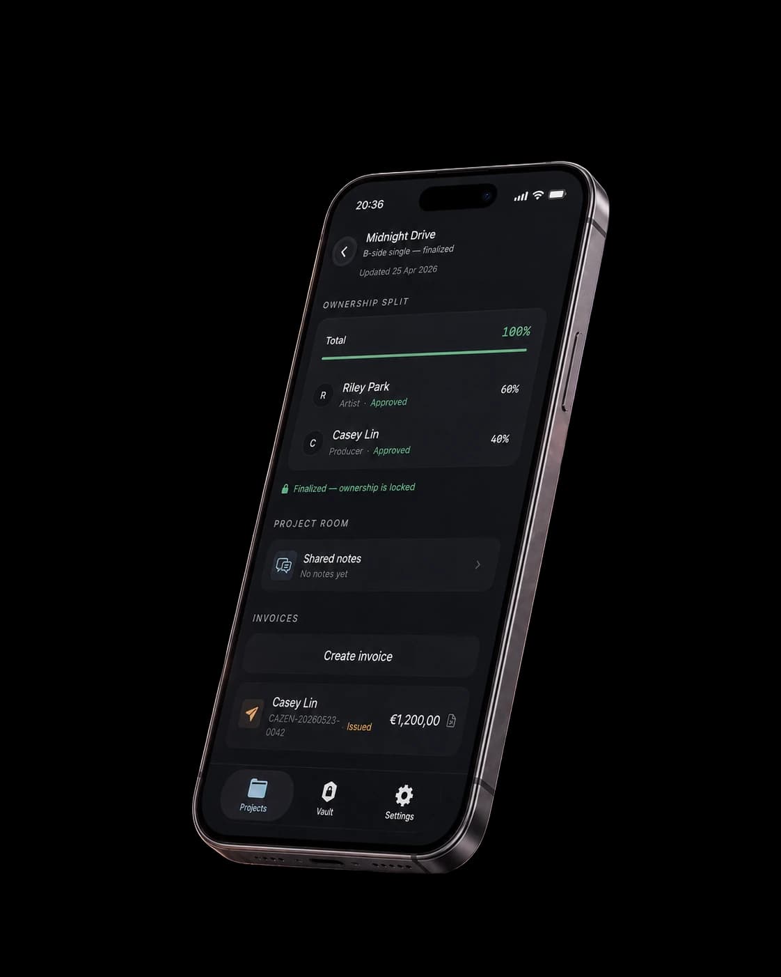 Cazen project detail · Midnight Drive with the Riley Park / Casey Lin ownership split and a Create Invoice flow producing a Casey Lin €1,200.00 line item.