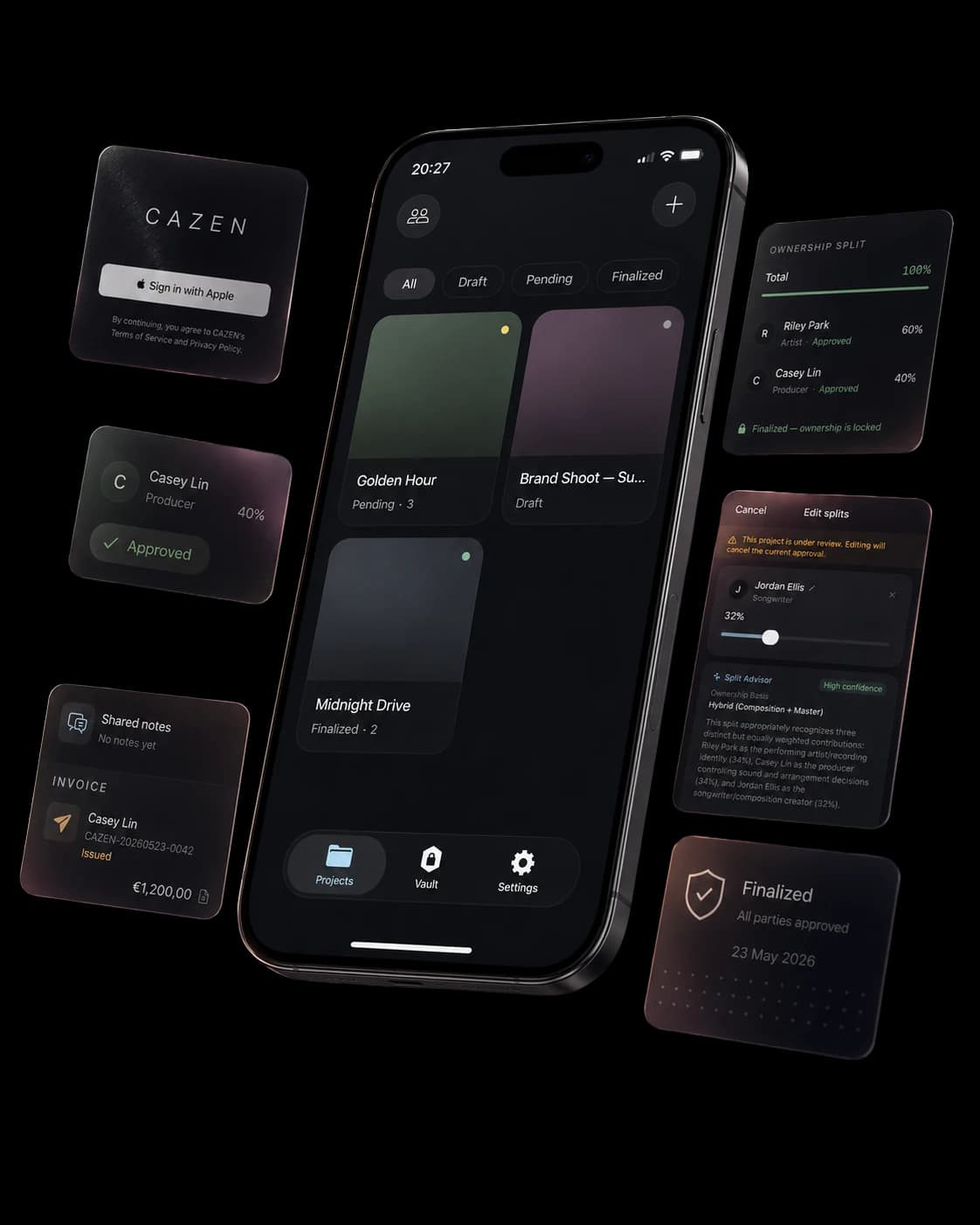 Cazen · the rights system at a glance. A dark iPhone showing the projects dashboard, surrounded by floating brand, approval, invoice, and finalized cards.