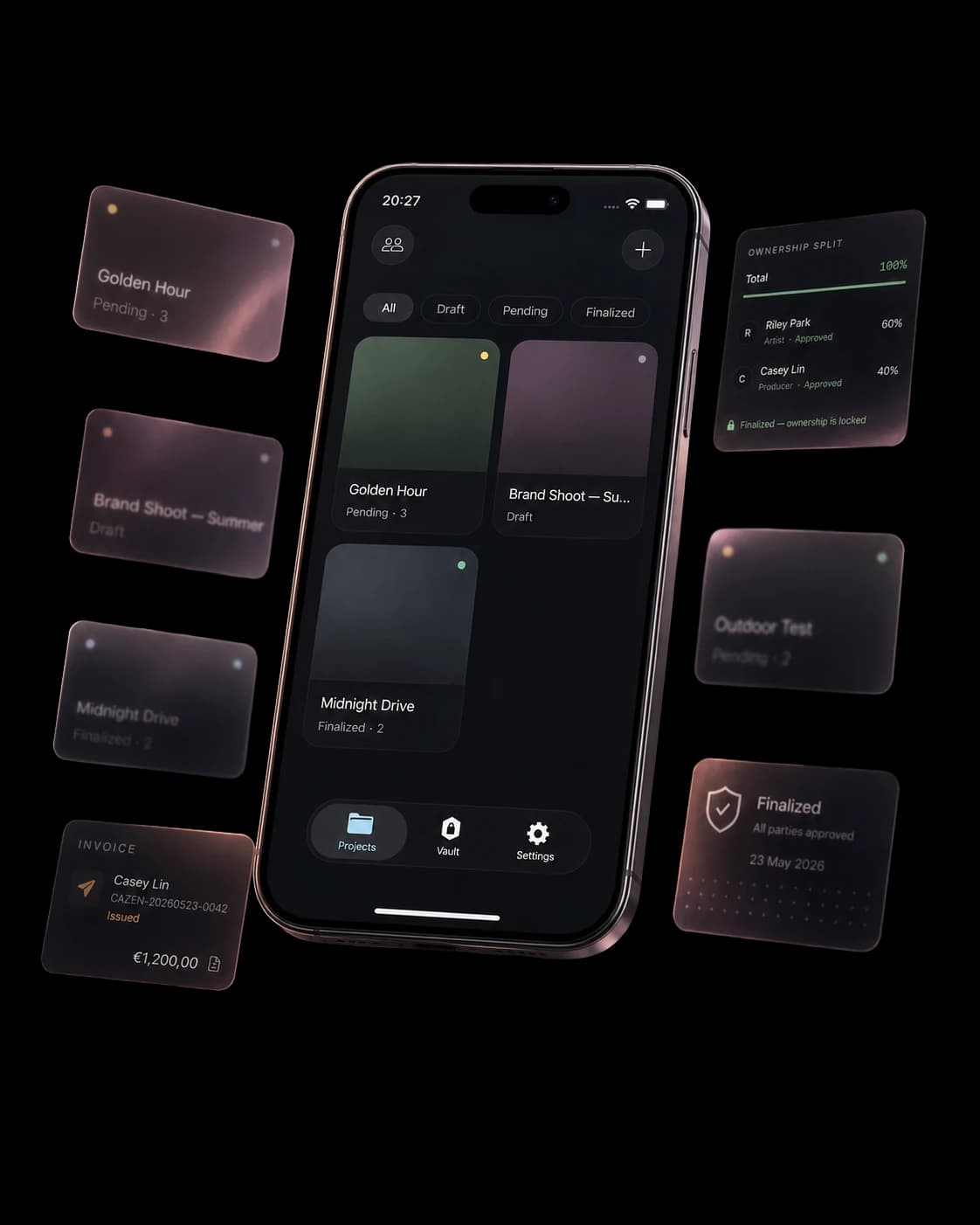 Cazen projects screen · the dashboard with project cards filed by state, surrounded by individual project tiles (Golden Hour, Brand Shoot, Midnight Drive, Outdoor Test, Finalized).