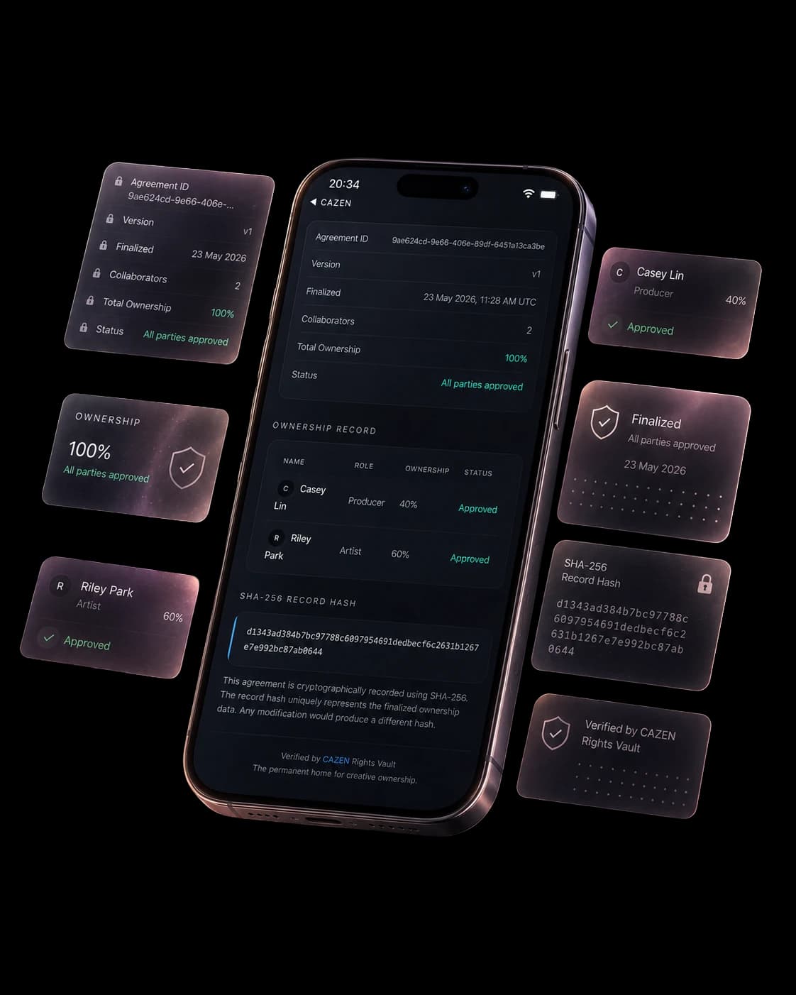 Cazen vault · a finalized agreement record with hash, parties, approval state, and a 'Verified by CAZEN Rights Vault' badge floating beside the device.